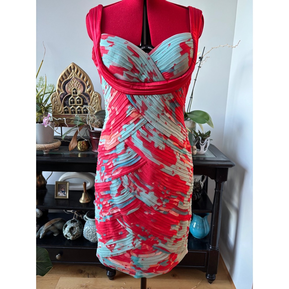 TADASHI Collection cocktail dress women size 8 red silk abstract pleated ruched